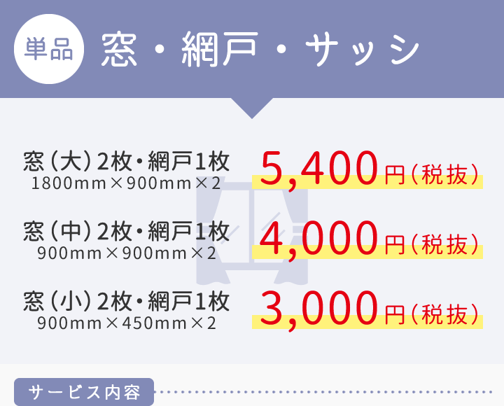 【単品】窓・網戸・サッシ　■窓（大）2枚・網戸1枚　5,400円　■窓（中）2枚・網戸1枚　4,000円　■窓（小）2枚・網戸1枚　3,000円